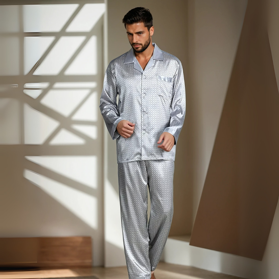 Men’s Stand Collar Ice Silky Fiber Home Suit – Cool and Breathable Autumn/Winter Pants and Top