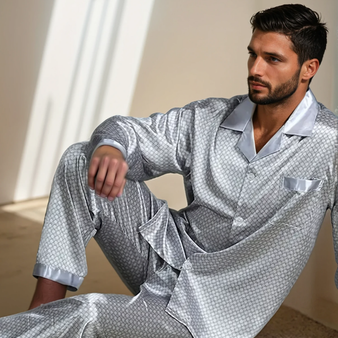 Men’s Stand Collar Ice Silky Fiber Home Suit – Cool and Breathable Autumn/Winter Pants and Top