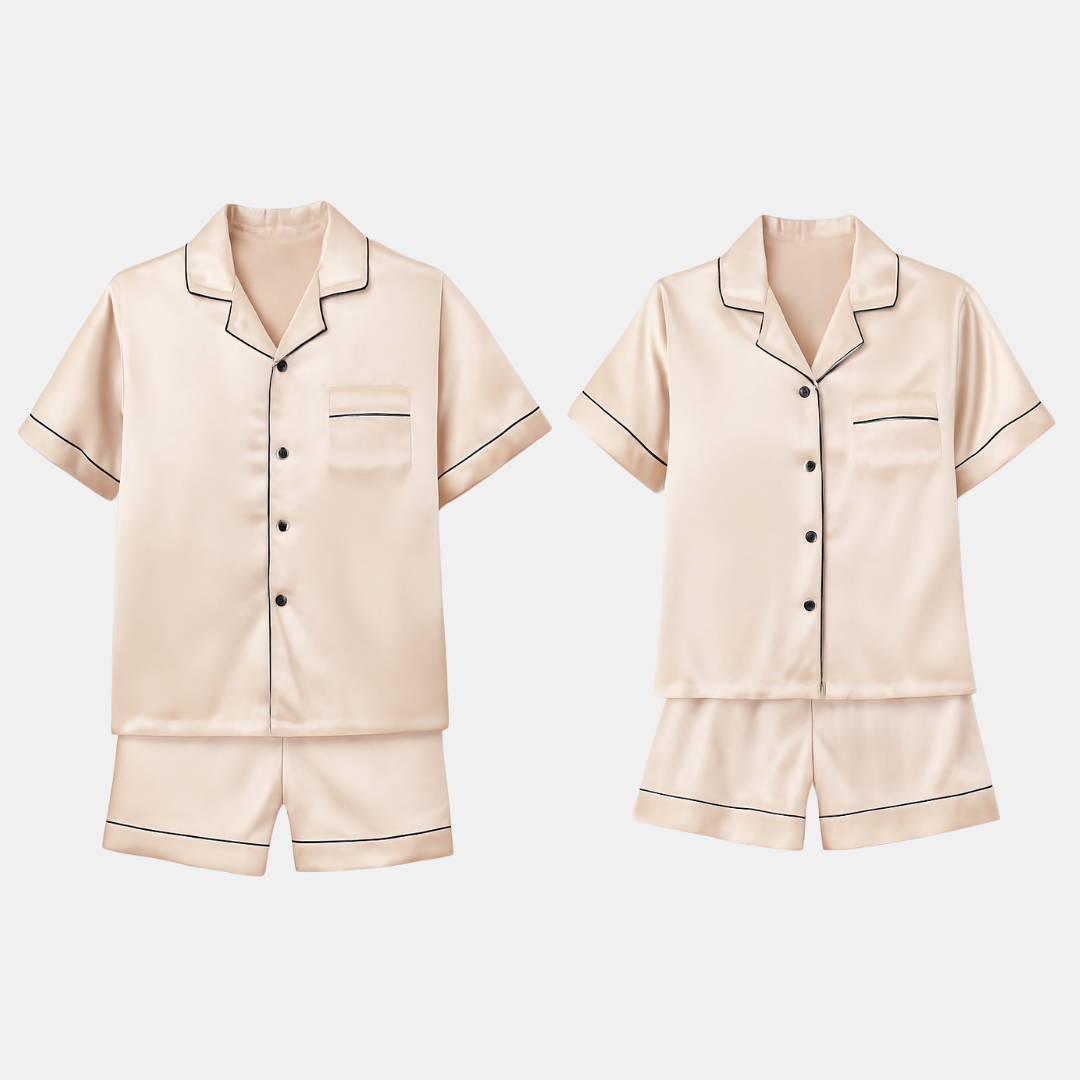 Ice Silk Satin Pajamas for Couples – Short-Sleeved Sleepwear for Women and Men