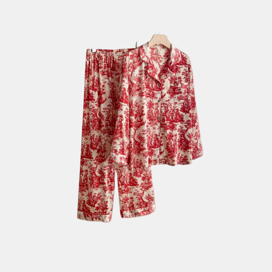 Elegant Silk Pajama Set for Women – Ink Wash Print, Soft & Breathable Sleepwear