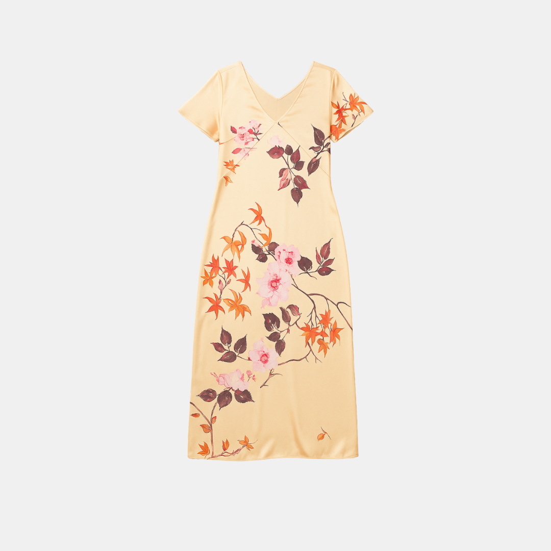Short-Sleeved Ice Silk Nightdress for Women – Maple Leaf Print for Home Wear