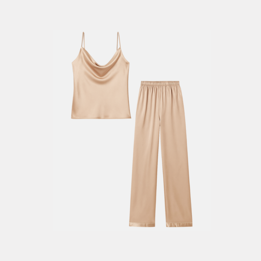 Luxury Women's Silk Pajama Set – V-Neck Cami Top and Long Pants for Sleep & Lounge
