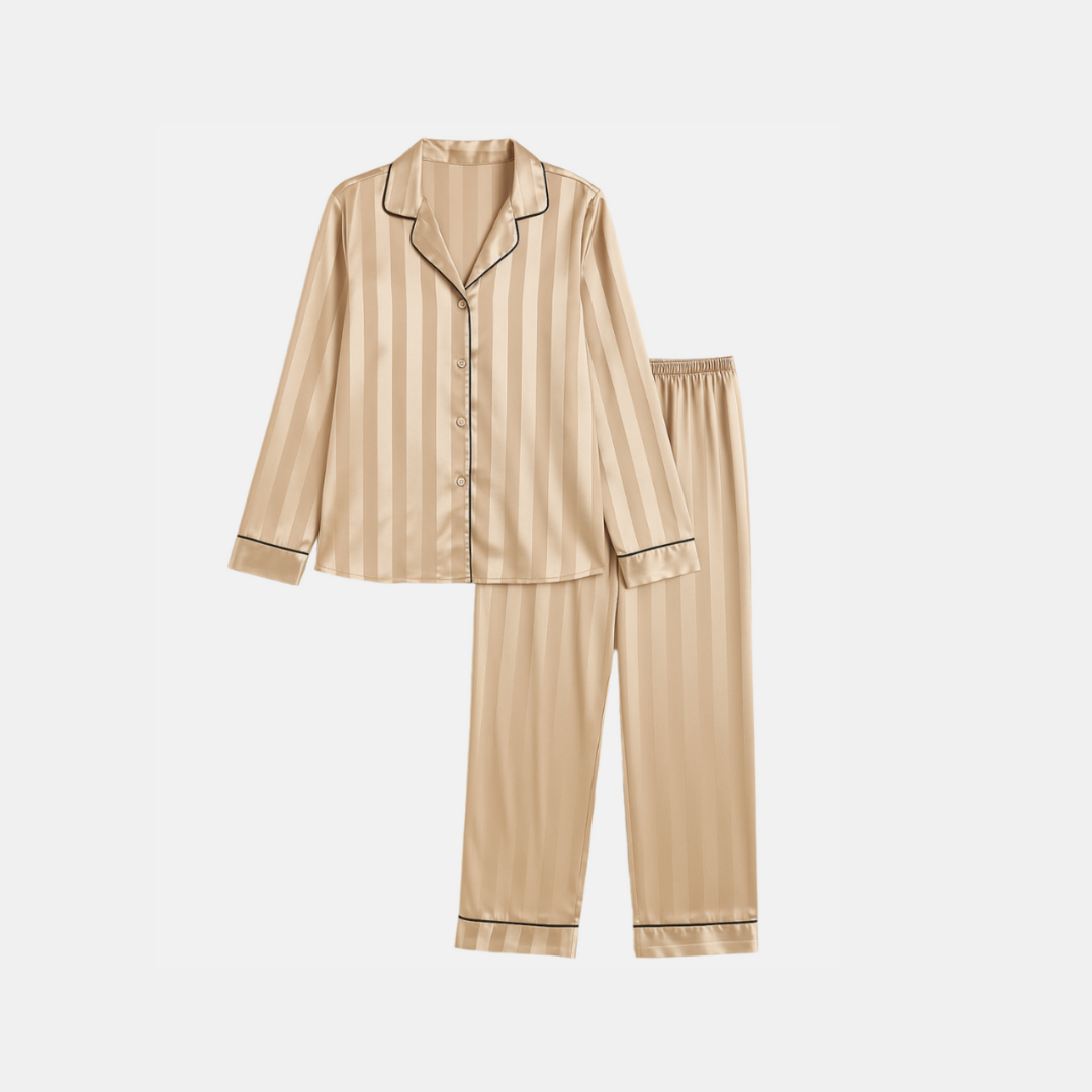 Womens Striped Long Sleeve Pajama Set with Button Lapel Top and Elastic Waist Pants