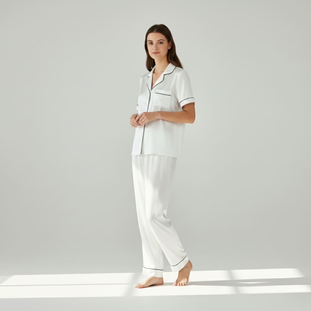 100% Mulberry Silk Pajama Set – Short Sleeve Button Top & Long Pants