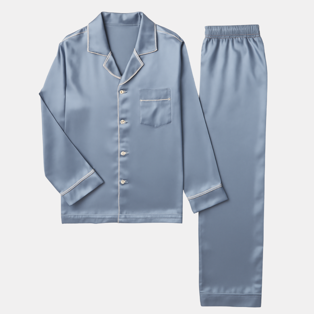 Men's Ice Silk Pajamas – Long Sleeve Pants Set for Spring and Autumn, Casual Summer Silk Suit