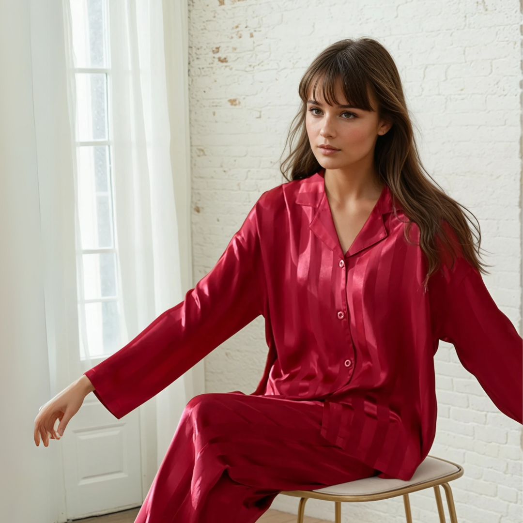 Sophia Red Faux Silk Pajama Set – V-Neck Cardigan and Pants for Women - Silken & Dreams