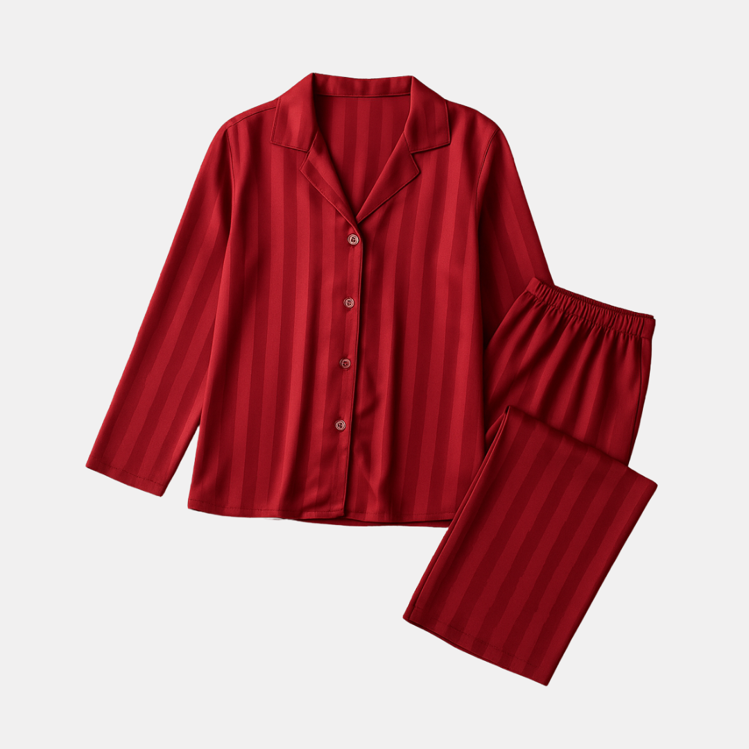 Sophia Red Faux Silk Pajama Set – V-Neck Cardigan and Pants for Women - Silken & Dreams