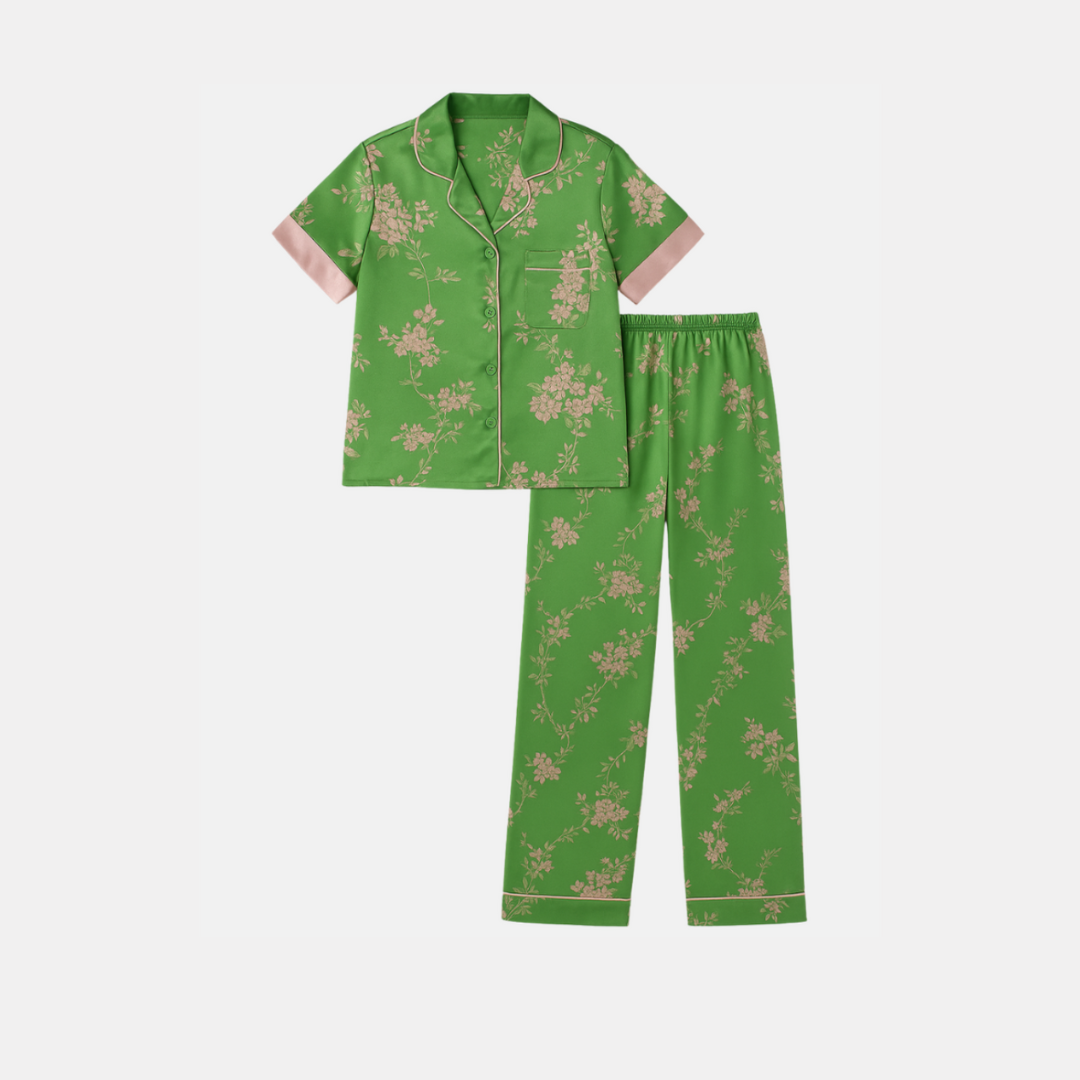 Women's Chinese Style Silk Lounge Set – Short Sleeve Top and Long Pants for Elegant Comfort