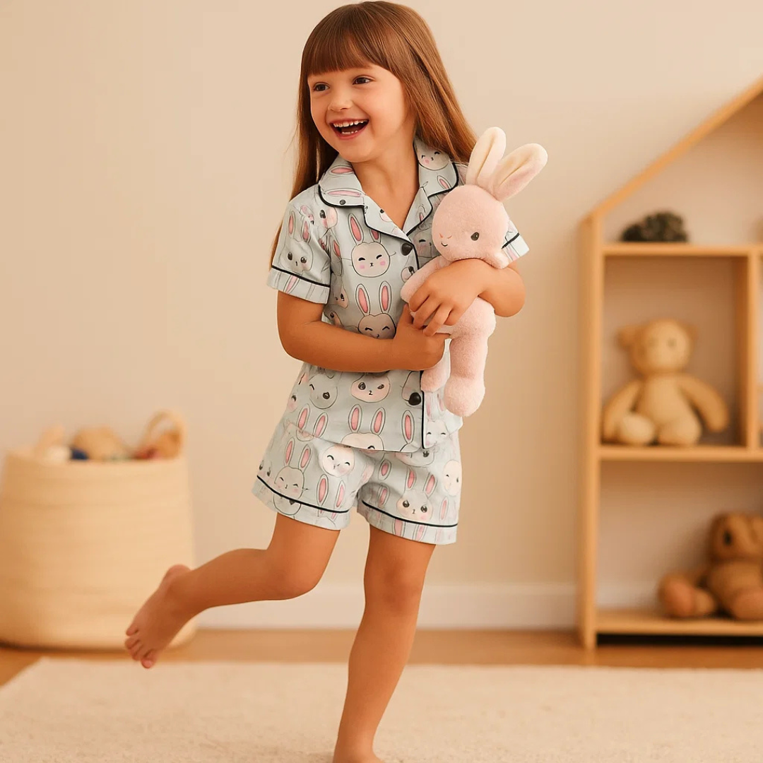 Kids’ Satin Pajama Set – Cute Bunny Print Short Sleeve Sleepwear