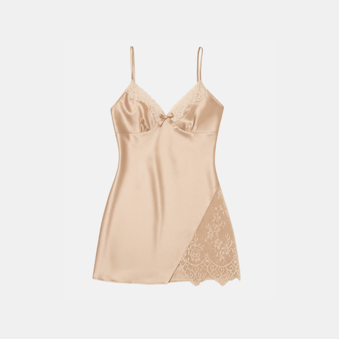 Silky Pink Lace Nightdress for Women – Soft Sleeveless Homewear with Side Slit