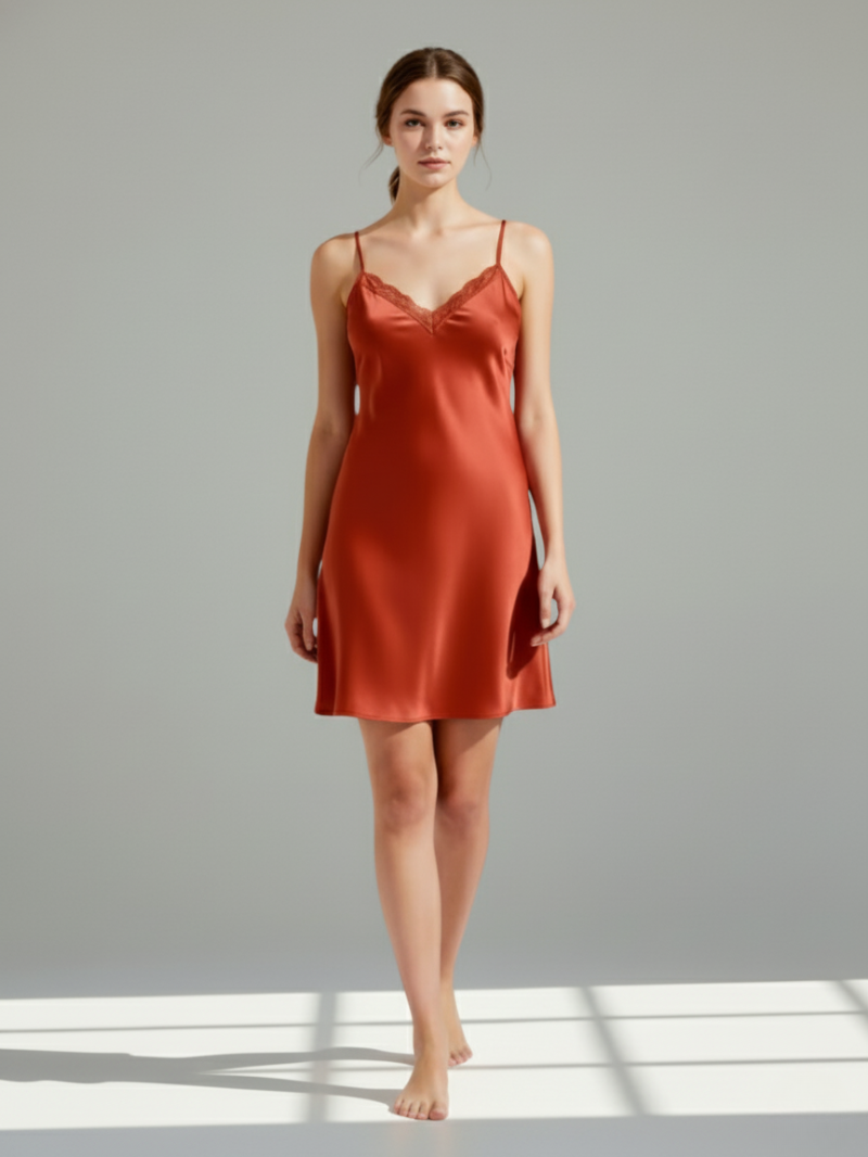 100% Mulberry Silk Slip Dress – V-Neck Lace Trim with Open Criss-Cross Back