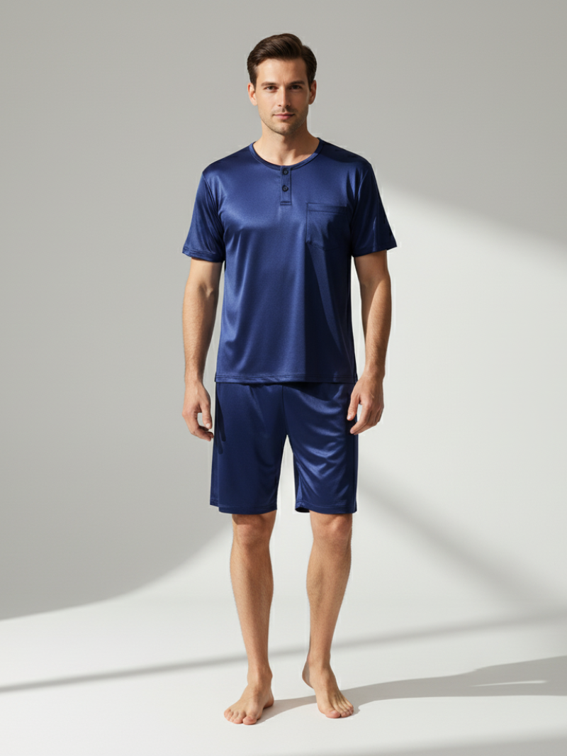 Men’s 100% Mulberry Silk Short Suit – Round Neck, Short-Sleeved Loungewear Set