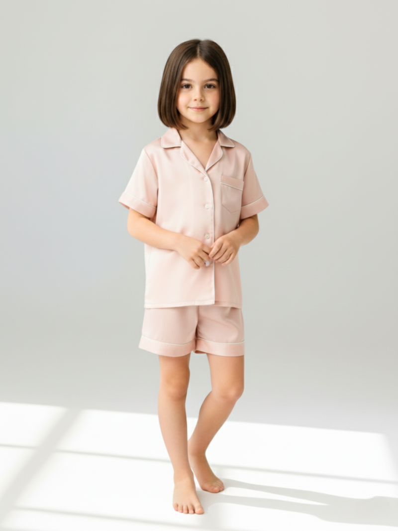 Children’s 100% Mulberry Silk Short Sleeve Pajama Set – Silk Sleepwear for Kids