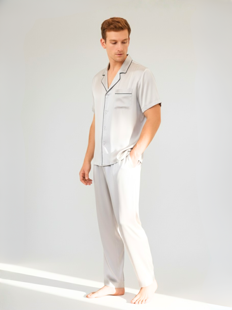 Men’s 100% Mulberry Silk Lightweight Summer Short Sleeve Shirt and Pants Set