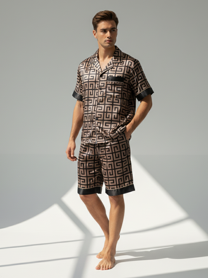 Men’s Silk-Like Pajama Set – Geometric Patterned Sleepwear
