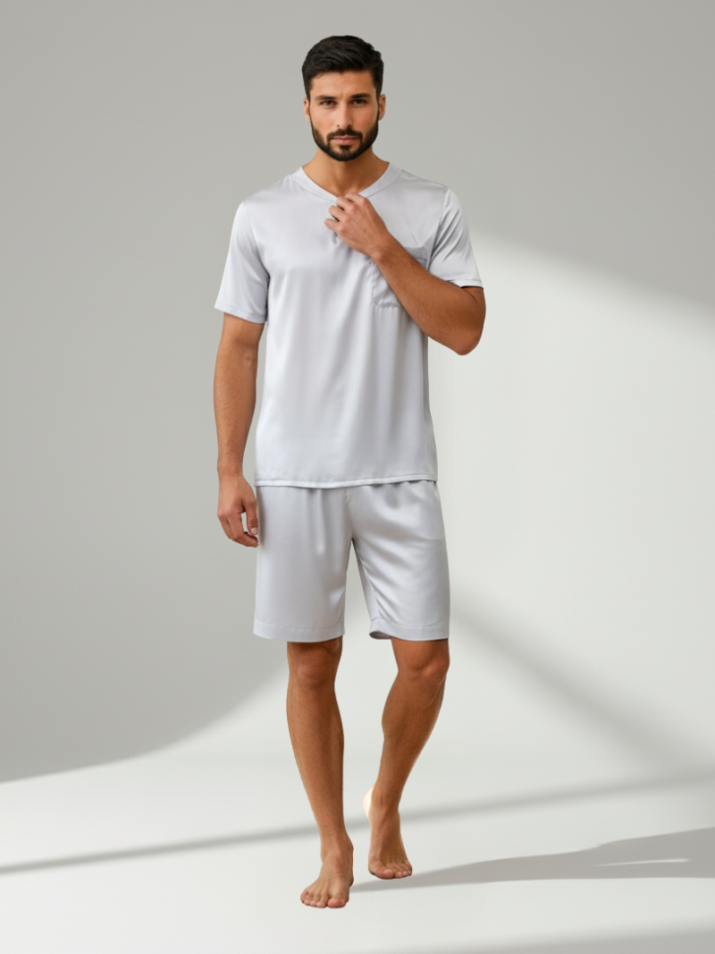 Men’s 100% Mulberry Silk Short Suit – Round Neck, Short-Sleeved Loungewear Set