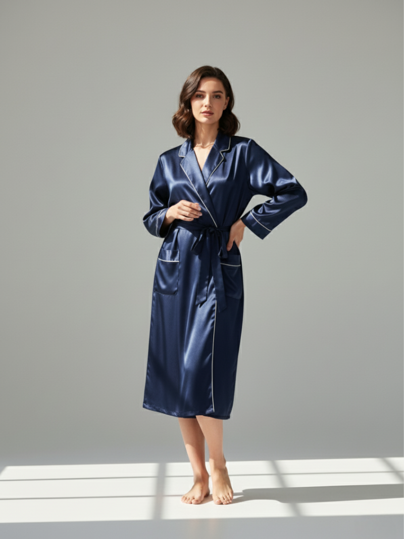 100% Mulberry Silk Long Robe for Women – Luxury Sleepwear & Elegant Loungewear with Contrast Trim