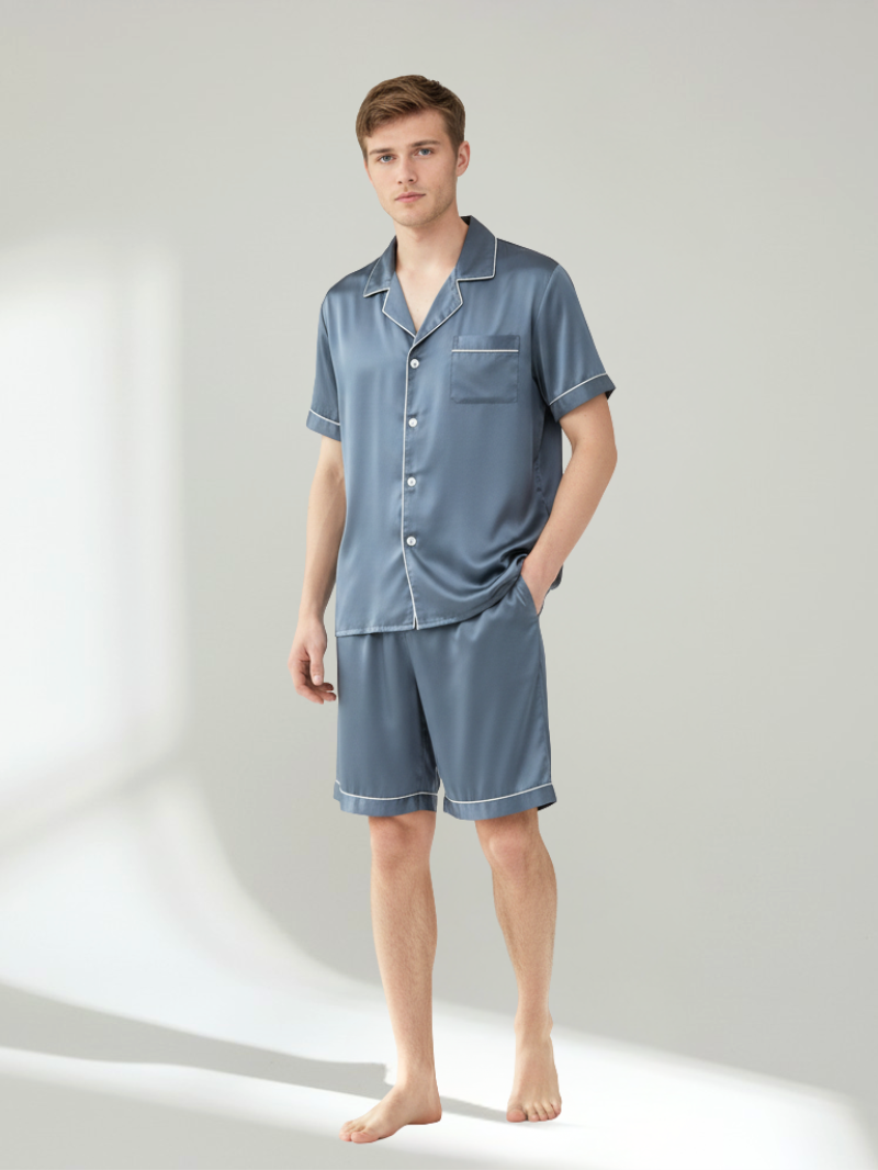 Men’s 100% Mulberry Silk Short Sleeve Set – Suit Collar Loungewear Set