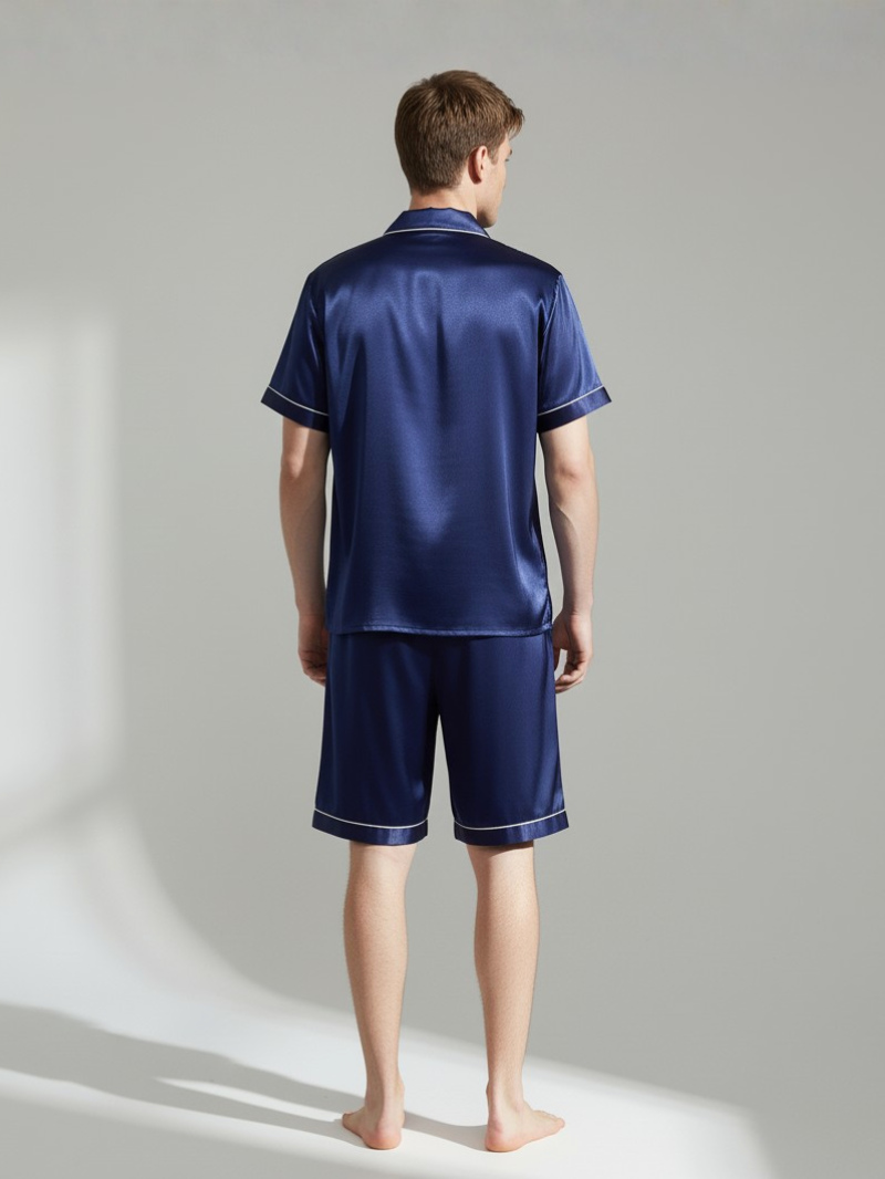 Men’s 100% Mulberry Silk Short Sleeve Set – Suit Collar Loungewear Set
