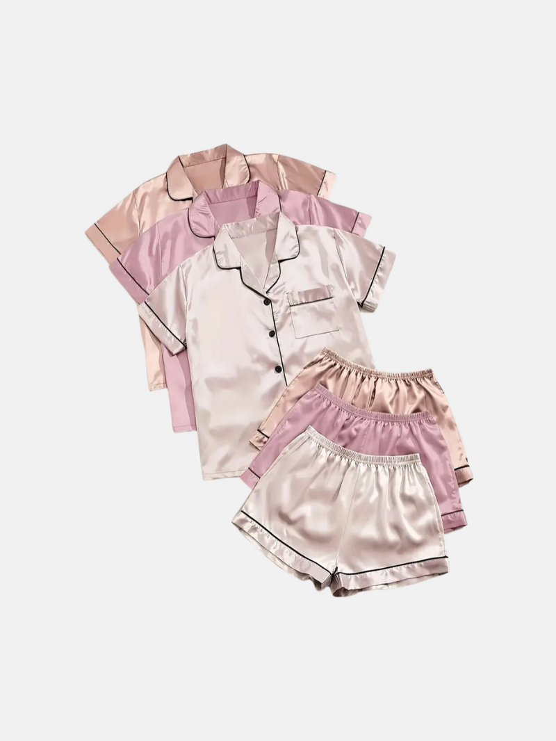 3 X Women's Elegant Silk Pajama Set - Short Sleeve Blouse & Shorts