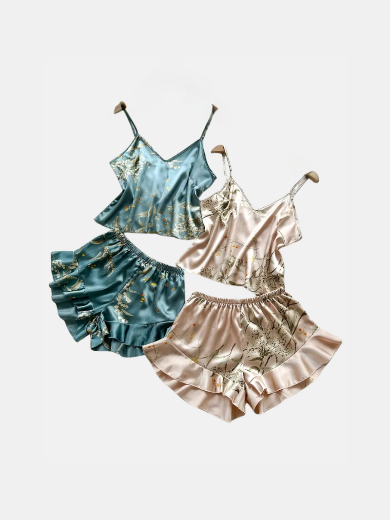 2-Piece Floral Silk Pajama Set – V-Neck Backless Cami Top with Ruffle Shorts for Women