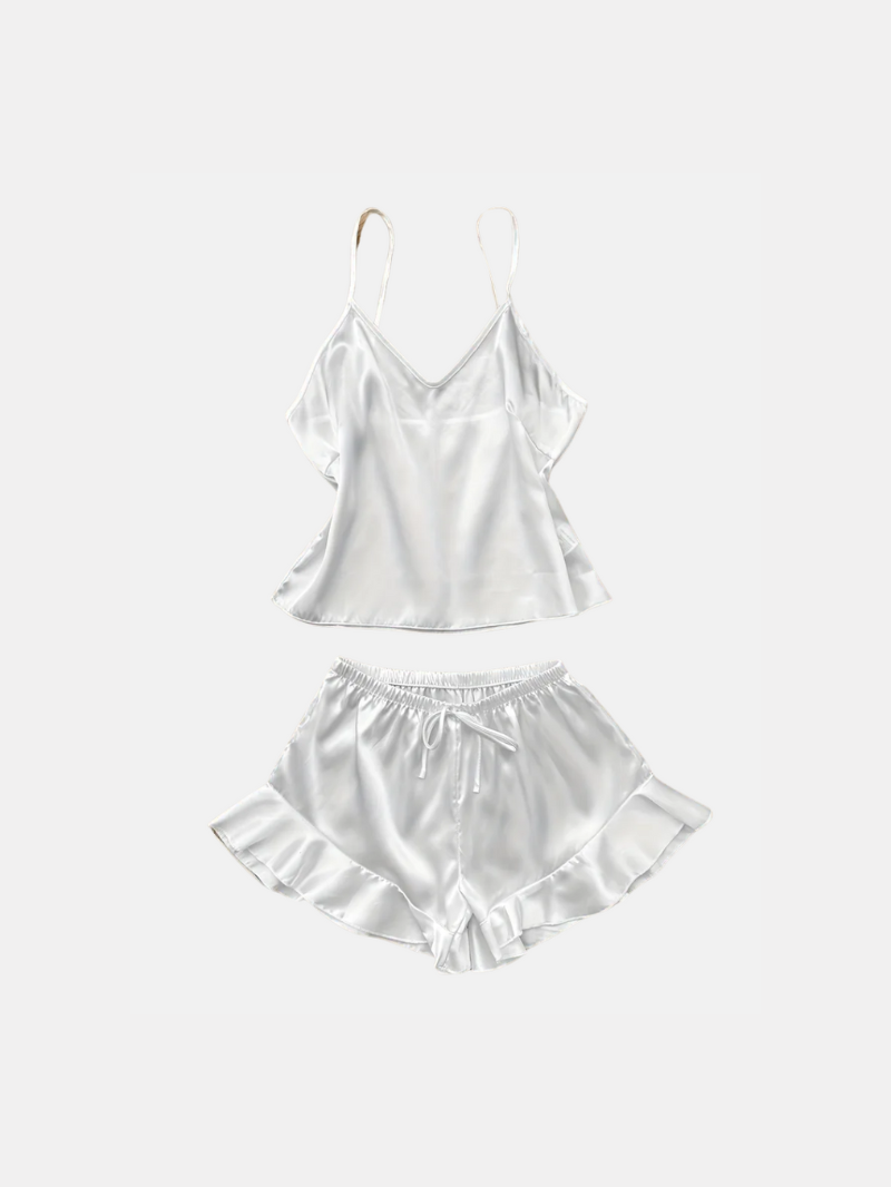 2pcs Women's Silk Pajama Set, Sexy V-Neck Spaghetti Strap & Shorts