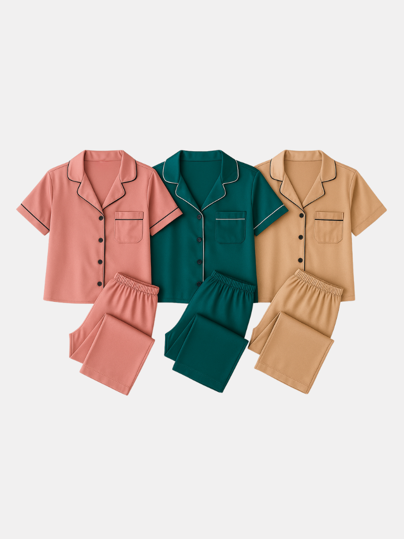 3 Sets Women's Silk Casual Pajama Set, Short Sleeve Buttons Lapel Top & Pants
