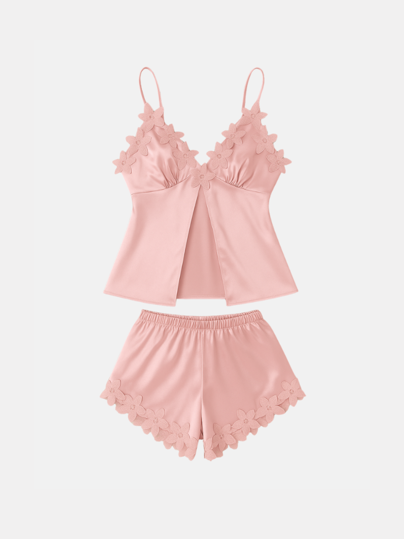 Silky Lace Trim Pajama Set for Women – Sexy V-Neck, Backless Cami Top & Shorts