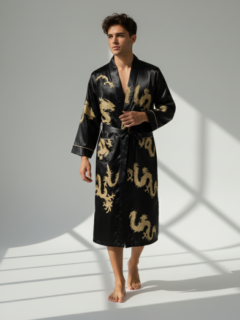 Men’s Lightweight Long Sleeve Robe with Golden Dragon Print – Stylish Loungewear & Pajama Cover-Up for All Seasons