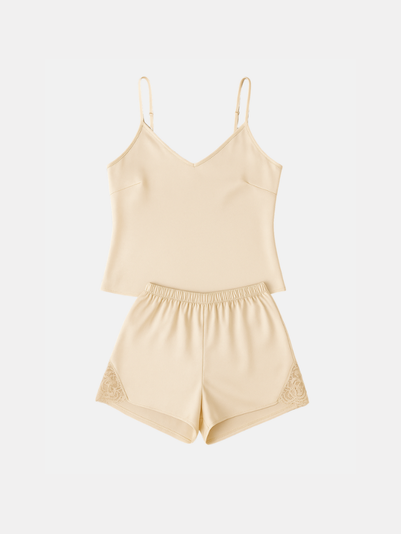 Women's Lace Pajama Set – Sexy V-Neck Backless Cami Top with Comfy Elastic Shorts