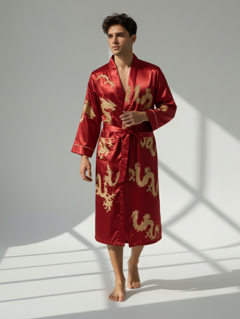 Men’s Lightweight Long Sleeve Robe with Golden Dragon Print – Stylish Loungewear & Pajama Cover-Up for All Seasons