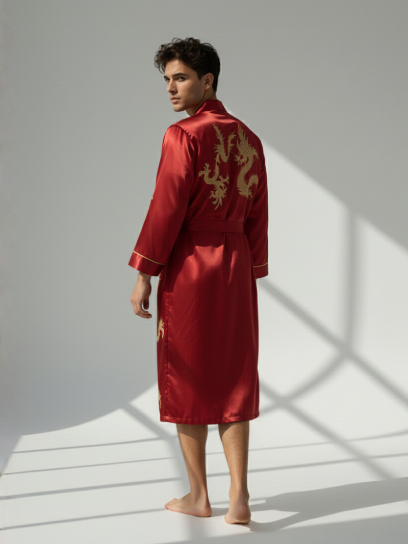 Men’s Lightweight Long Sleeve Robe with Golden Dragon Print – Stylish Loungewear & Pajama Cover-Up for All Seasons