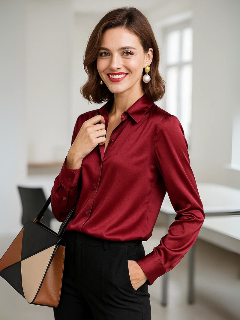 Women’s 100% Mulberry Silk Long-Sleeve Shirt – Professional Suit Top