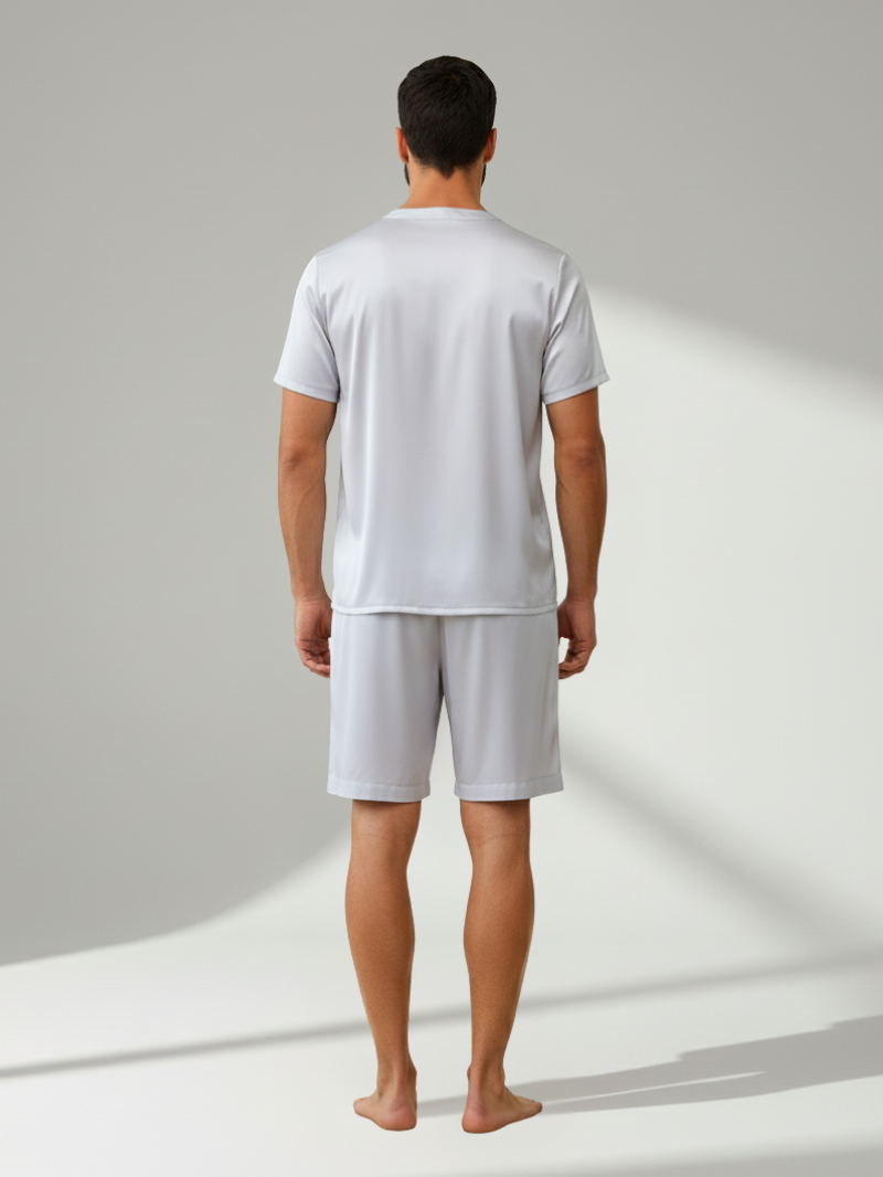 Men’s 100% Mulberry Silk Short Suit – Round Neck, Short-Sleeved Loungewear Set