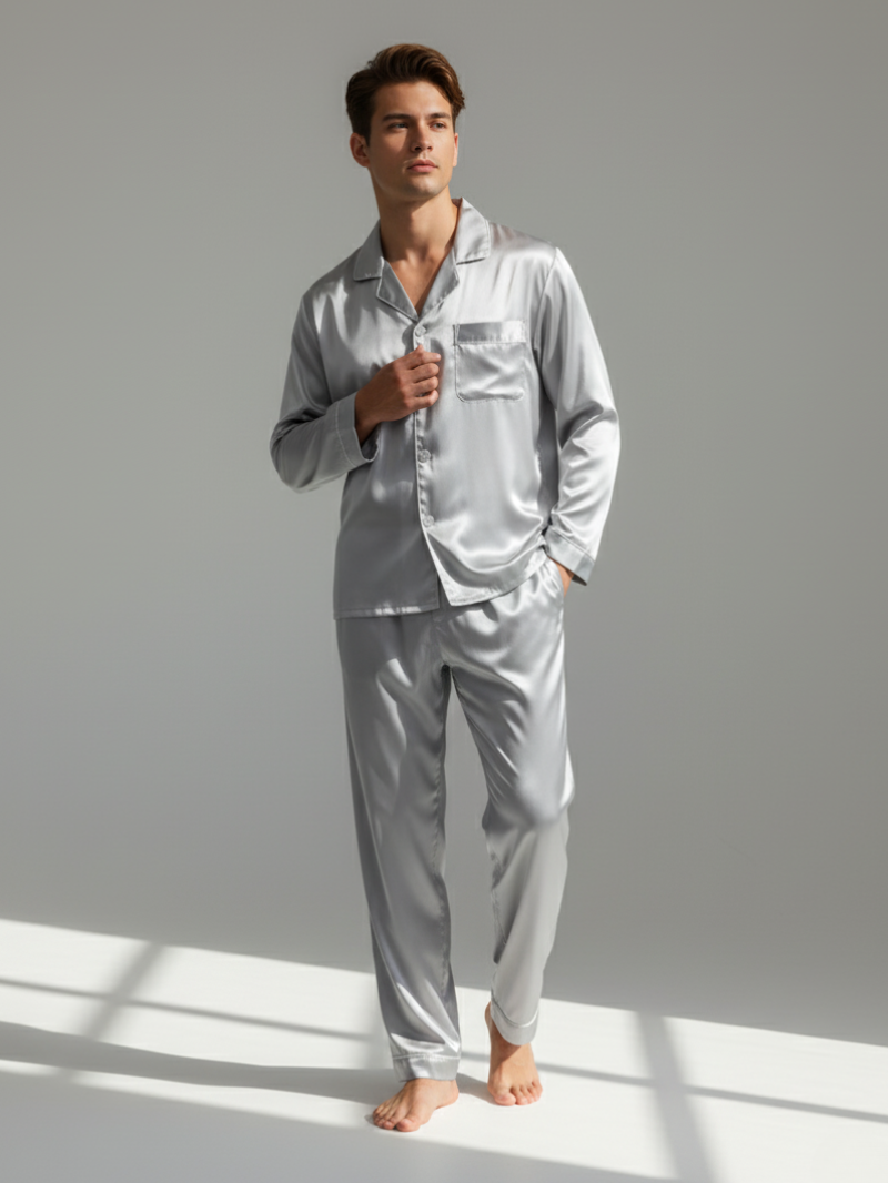 Men’s Silk-Look Pajama Set – Lightweight Long Sleeve Lounge & Sleepwear for Home Comfort