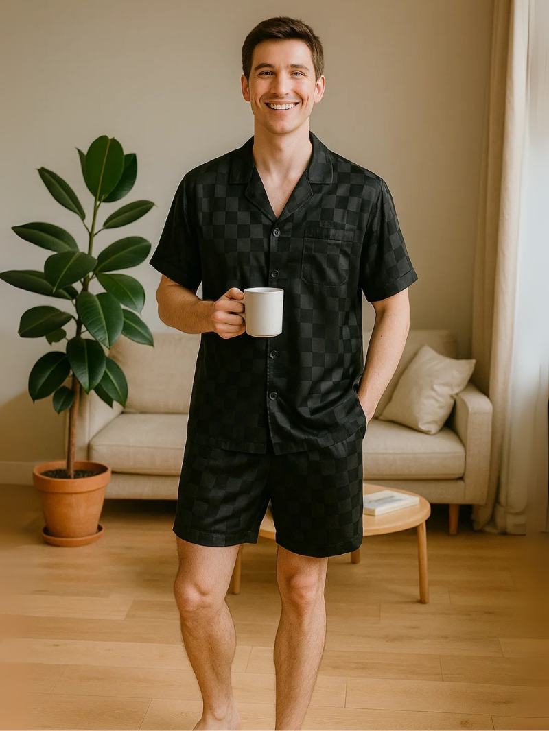 Men’s Ice Silk Long-Sleeve Pajama Set – Two-Piece Plaid Loungewear