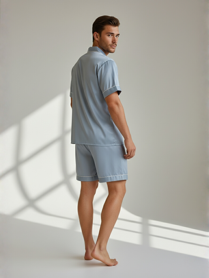 Men’s Silk Pajama Set – Short Sleeve Shirt & Shorts Nightwear