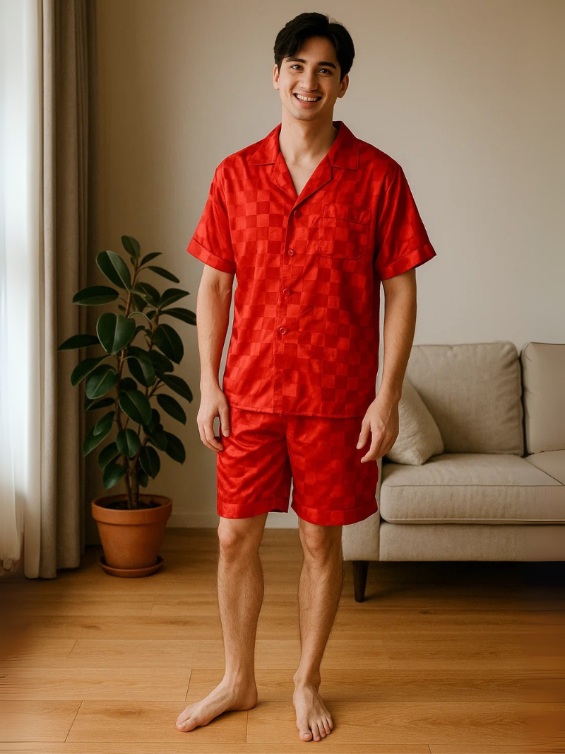 Men’s Ice Silk Long-Sleeve Pajama Set – Two-Piece Plaid Loungewear