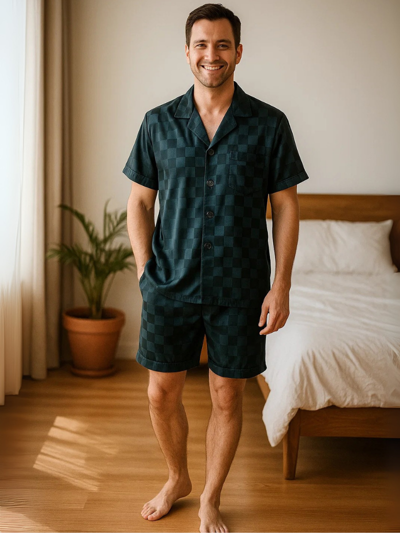 Men’s Ice Silk Long-Sleeve Pajama Set – Two-Piece Plaid Loungewear