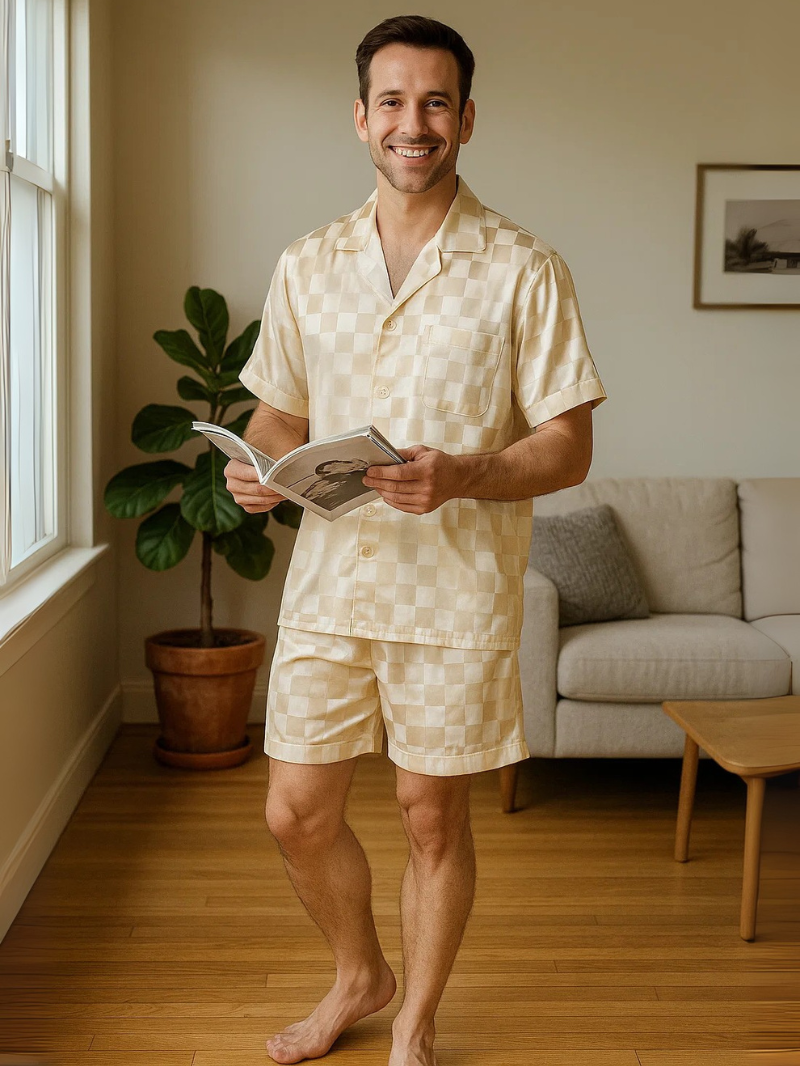 Men’s Ice Silk Long-Sleeve Pajama Set – Two-Piece Plaid Loungewear
