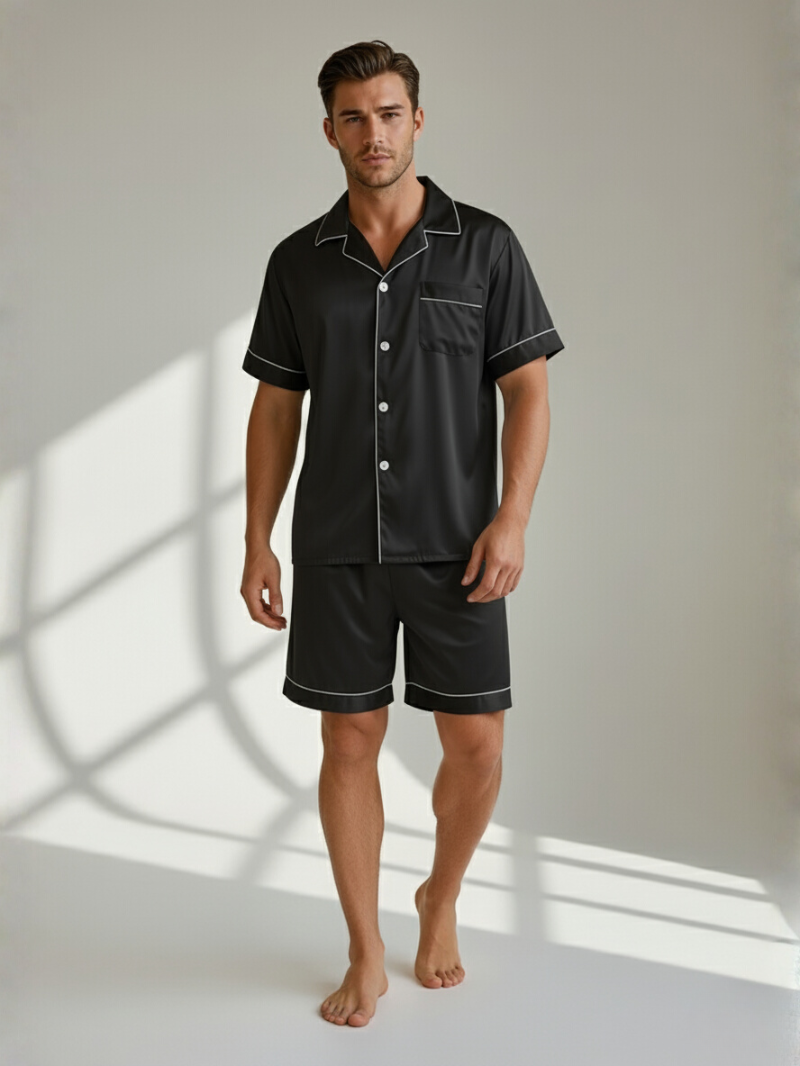 Men’s Silk Pajama Set – Short Sleeve Shirt & Shorts Nightwear