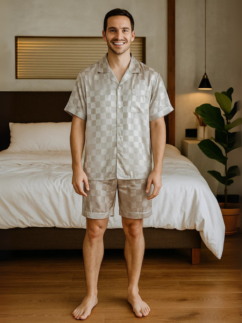 Men’s Ice Silk Long-Sleeve Pajama Set – Two-Piece Plaid Loungewear