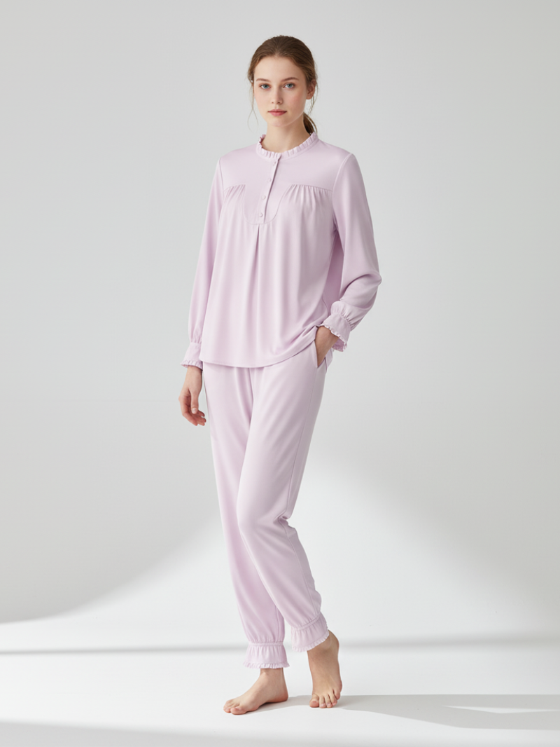 Women’s 100% Mulberry Silk Pajama Set – Long Sleeve with Ruffle Collar and Cuffs