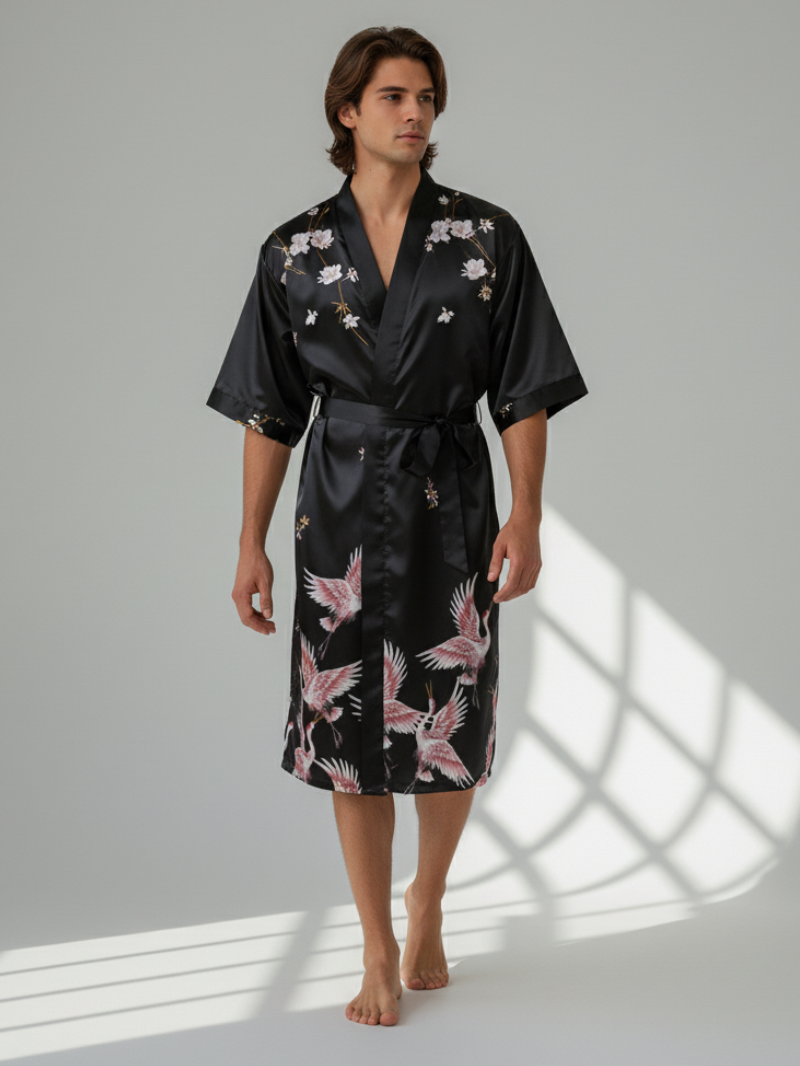 Loose Long Shirt with Crane Print – Comfortable Tie-Back Homewear with Pocket for Spring and Summer