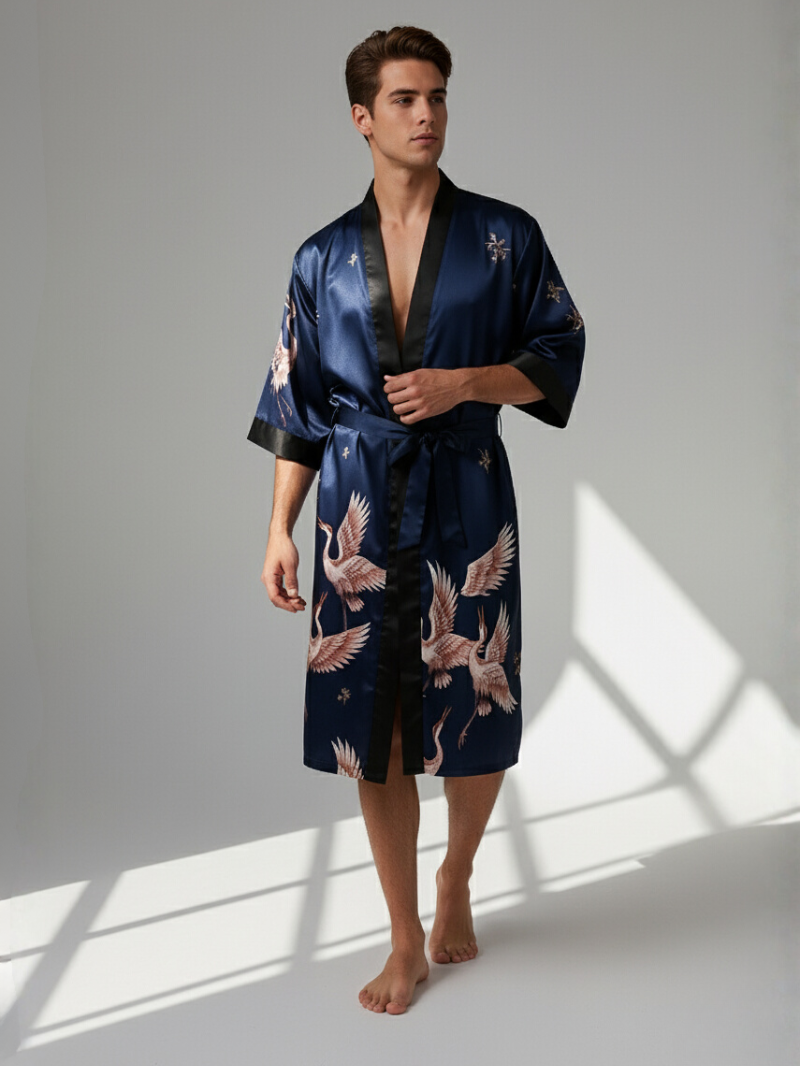Loose Long Shirt with Crane Print – Comfortable Tie-Back Homewear with Pocket for Spring and Summer