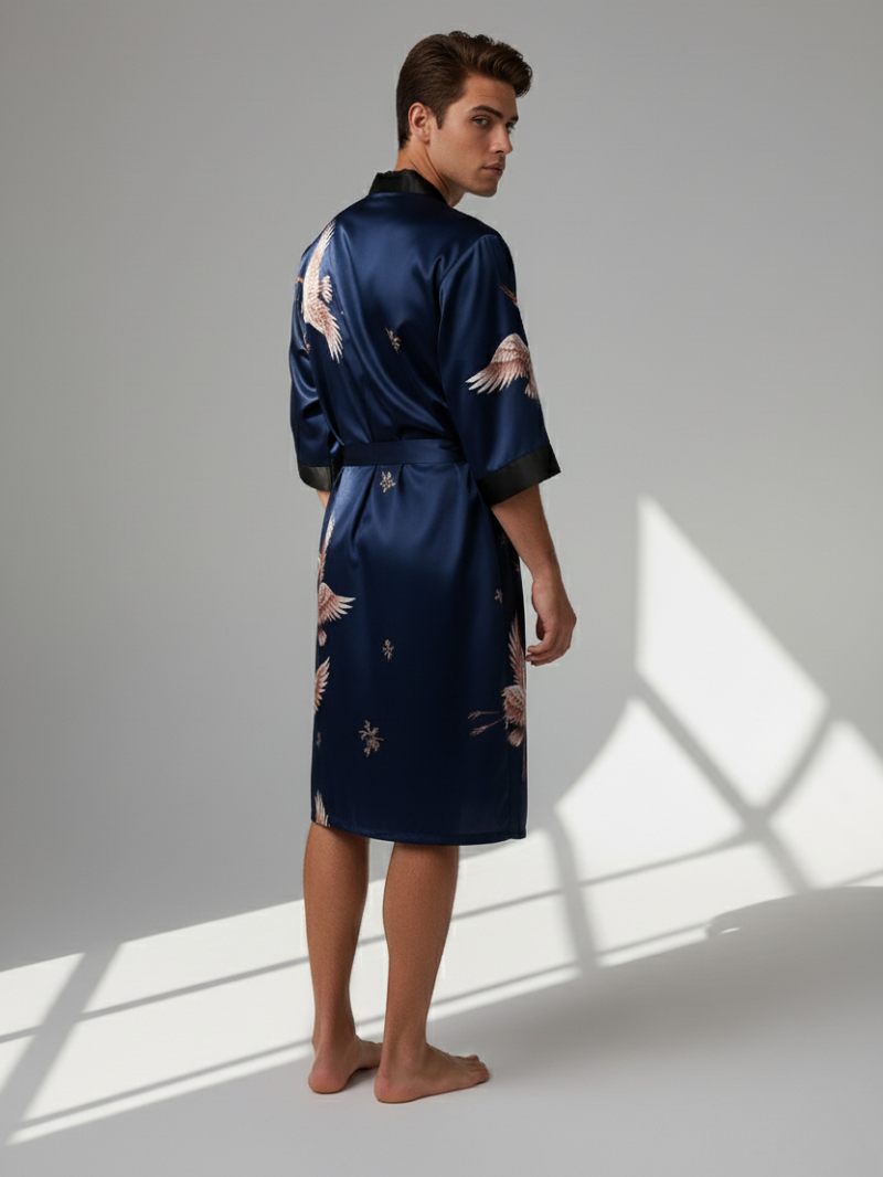 Loose Long Shirt with Crane Print – Comfortable Tie-Back Homewear with Pocket for Spring and Summer