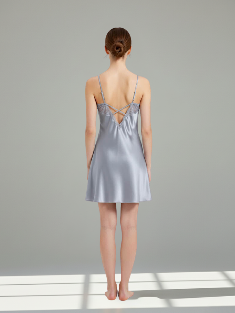 100% Mulberry Silk Slip Dress – V-Neck Lace Trim with Open Criss-Cross Back