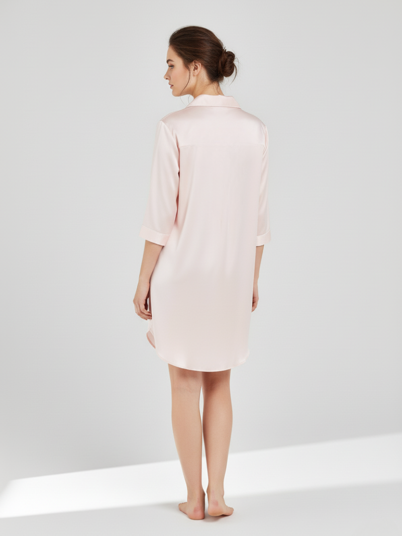 100% Mulberry Silk Nightdress with Shirt Collar – Elegant Women’s Sleepwear