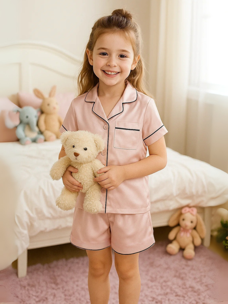 Children’s 100% Mulberry Silk Pajama Set – Short Sleeve Shirt & Shorts Sleepwear