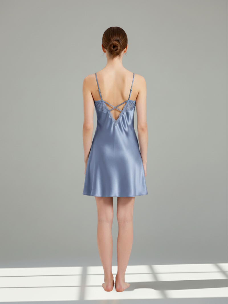 100% Mulberry Silk Slip Dress – V-Neck Lace Trim with Open Criss-Cross Back